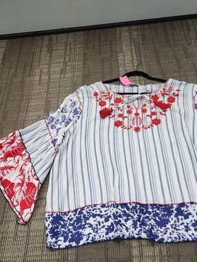 John Mark Striped Boho Blouse with Red & Blue Floral Accents